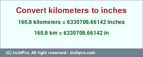 Result converting 160.8 kilometers to inches = 6330708.66142 inches