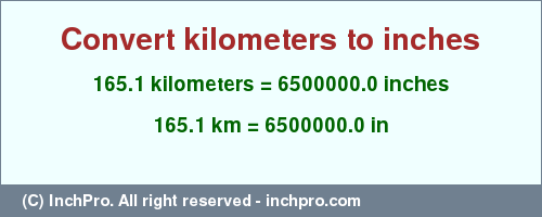 Result converting 165.1 kilometers to inches = 6500000.0 inches