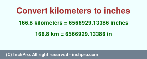 Result converting 166.8 kilometers to inches = 6566929.13386 inches