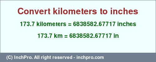 Result converting 173.7 kilometers to inches = 6838582.67717 inches