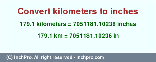 Result converting 179.1 kilometers to inches = 7051181.10236 inches