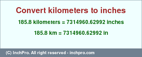 Result converting 185.8 kilometers to inches = 7314960.62992 inches