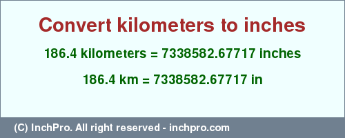 Result converting 186.4 kilometers to inches = 7338582.67717 inches