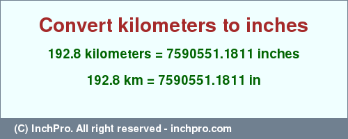 Result converting 192.8 kilometers to inches = 7590551.1811 inches