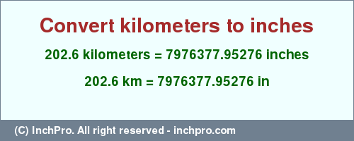 Result converting 202.6 kilometers to inches = 7976377.95276 inches