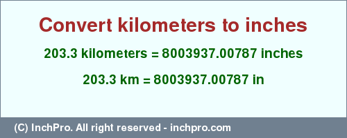 Result converting 203.3 kilometers to inches = 8003937.00787 inches