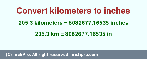 Result converting 205.3 kilometers to inches = 8082677.16535 inches