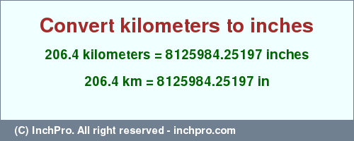 Result converting 206.4 kilometers to inches = 8125984.25197 inches