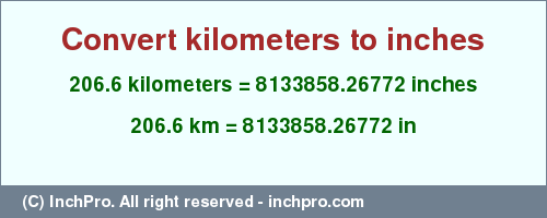 Result converting 206.6 kilometers to inches = 8133858.26772 inches