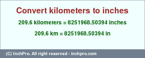 Result converting 209.6 kilometers to inches = 8251968.50394 inches
