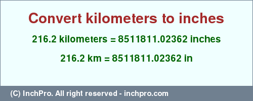 Result converting 216.2 kilometers to inches = 8511811.02362 inches