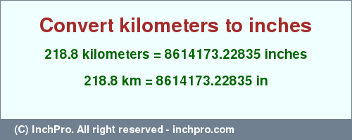 Result converting 218.8 kilometers to inches = 8614173.22835 inches