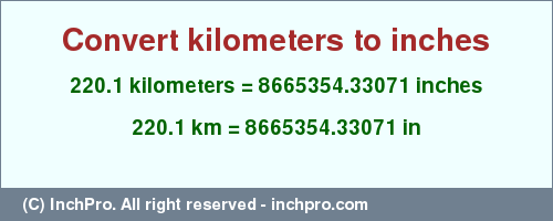 Result converting 220.1 kilometers to inches = 8665354.33071 inches