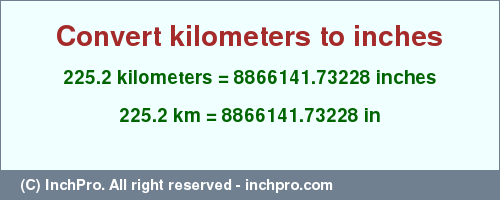 Result converting 225.2 kilometers to inches = 8866141.73228 inches