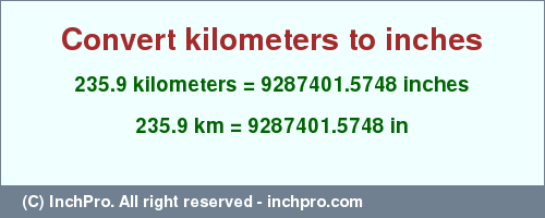 Result converting 235.9 kilometers to inches = 9287401.5748 inches