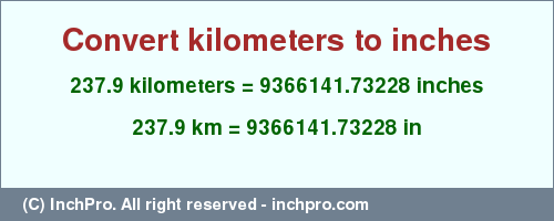 Result converting 237.9 kilometers to inches = 9366141.73228 inches