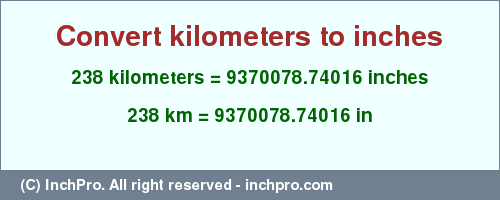 Result converting 238 kilometers to inches = 9370078.74016 inches