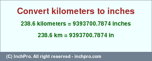 Result converting 238.6 kilometers to inches = 9393700.7874 inches