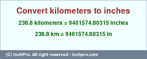 Result converting 238.8 kilometers to inches = 9401574.80315 inches