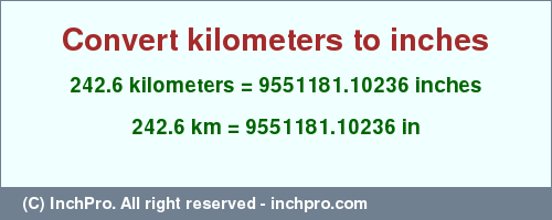 Result converting 242.6 kilometers to inches = 9551181.10236 inches