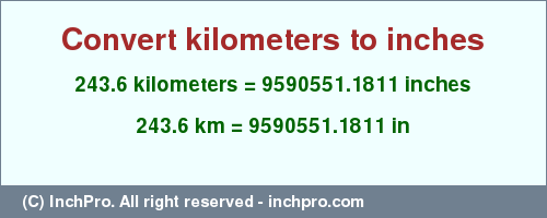 Result converting 243.6 kilometers to inches = 9590551.1811 inches