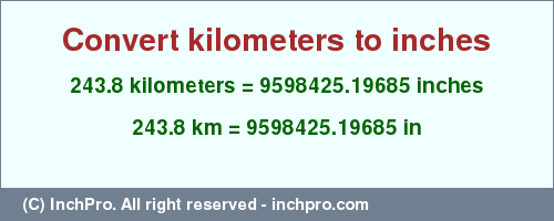 Result converting 243.8 kilometers to inches = 9598425.19685 inches