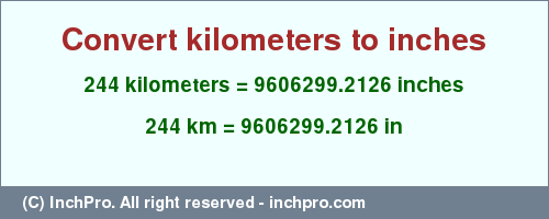 Result converting 244 kilometers to inches = 9606299.2126 inches