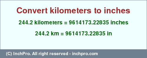 Result converting 244.2 kilometers to inches = 9614173.22835 inches