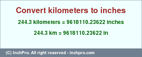 Result converting 244.3 kilometers to inches = 9618110.23622 inches