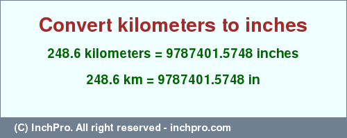 Result converting 248.6 kilometers to inches = 9787401.5748 inches