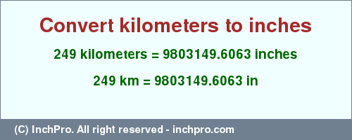 Result converting 249 kilometers to inches = 9803149.6063 inches