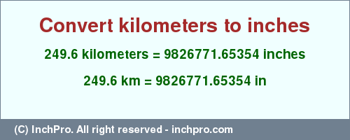 Result converting 249.6 kilometers to inches = 9826771.65354 inches