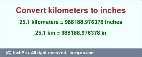 Result converting 25.1 kilometers to inches = 988188.976378 inches