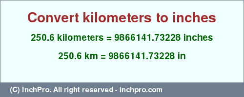 Result converting 250.6 kilometers to inches = 9866141.73228 inches