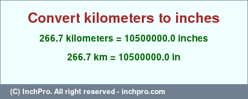 Result converting 266.7 kilometers to inches = 10500000.0 inches