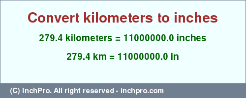 Result converting 279.4 kilometers to inches = 11000000.0 inches
