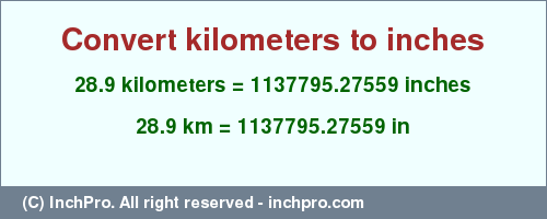 Result converting 28.9 kilometers to inches = 1137795.27559 inches