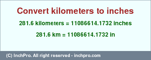 Result converting 281.6 kilometers to inches = 11086614.1732 inches