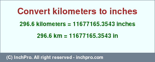 Result converting 296.6 kilometers to inches = 11677165.3543 inches