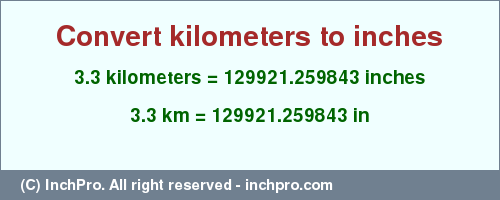 Result converting 3.3 kilometers to inches = 129921.259843 inches