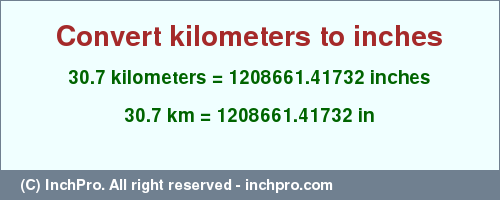 Result converting 30.7 kilometers to inches = 1208661.41732 inches