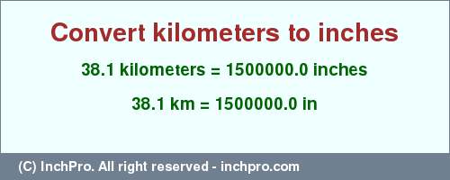 Result converting 38.1 kilometers to inches = 1500000.0 inches