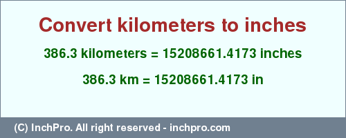 Result converting 386.3 kilometers to inches = 15208661.4173 inches