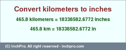 Result converting 465.8 kilometers to inches = 18338582.6772 inches