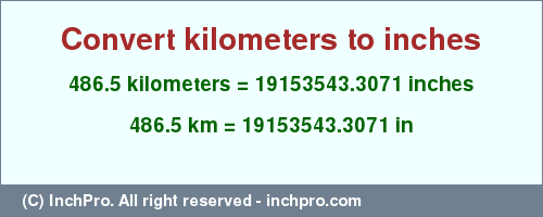 Result converting 486.5 kilometers to inches = 19153543.3071 inches