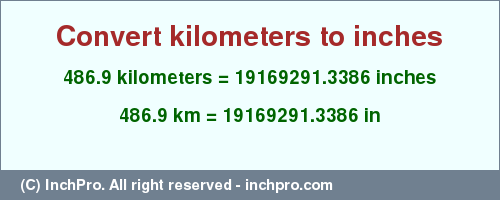 Result converting 486.9 kilometers to inches = 19169291.3386 inches