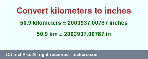 Result converting 50.9 kilometers to inches = 2003937.00787 inches