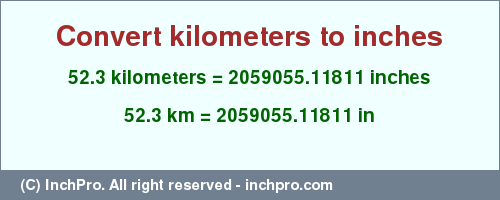 Result converting 52.3 kilometers to inches = 2059055.11811 inches