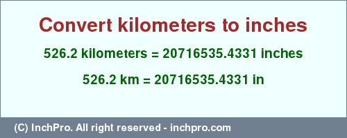 Result converting 526.2 kilometers to inches = 20716535.4331 inches