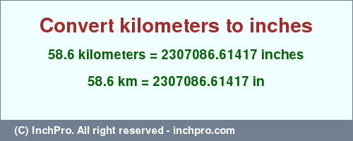 Result converting 58.6 kilometers to inches = 2307086.61417 inches